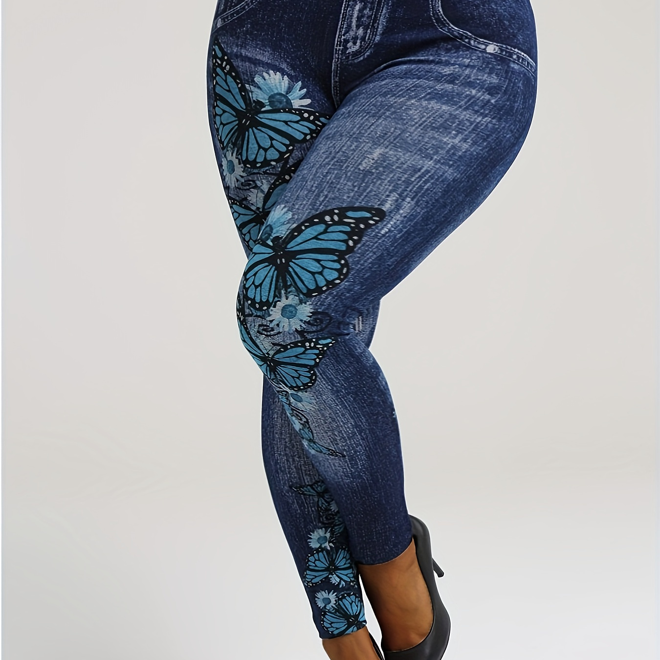 

Plus Size Butterfly Print Skinny Leggings, Casual High Waist Every Day Stretchy Leggings, Women's Plus Size Clothing