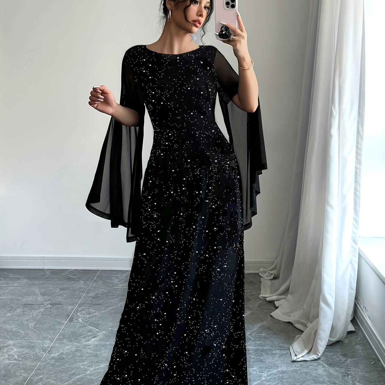 

1pc Elegant Glitter Polyester Maxi Dress For Women, Boat Neck Long Sleeve With Zipper And Side Slit, Fitted Knit Fabric, Solid Color, Party Gown