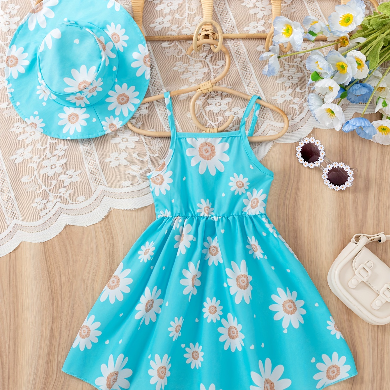 

Baby's Cartoon Flower Pattern Sleeveless Dress & Hat, Infant & Toddler Girl's Clothing For Summer/spring, As Gift
