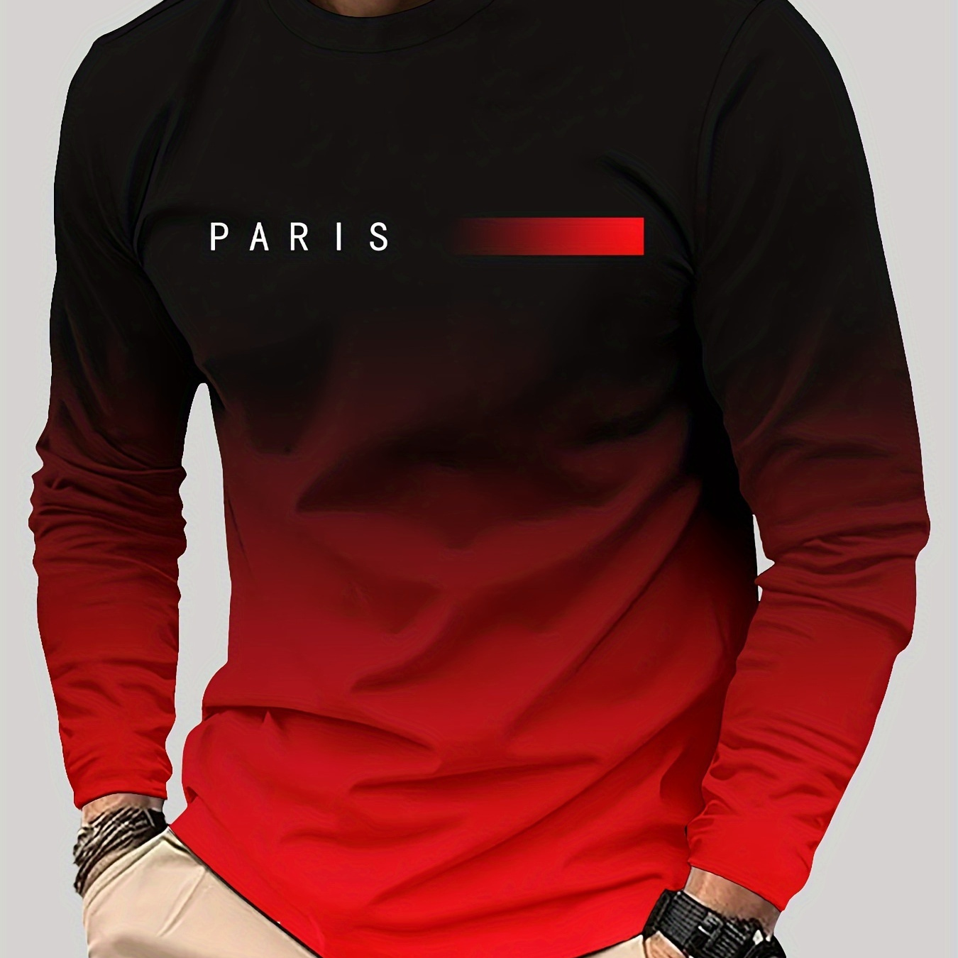 

Paris Print Men's Casual Gradient Long Sleeve Crew Neck T-shirt, Outdoor