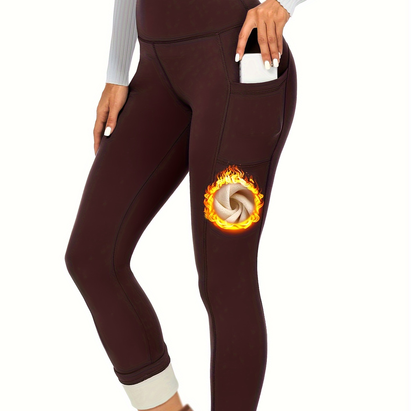 

Solid Color Fleece Skinny Leggings, Casual High Waist Pocket Leggings For Fall & Winter, Women's Clothing