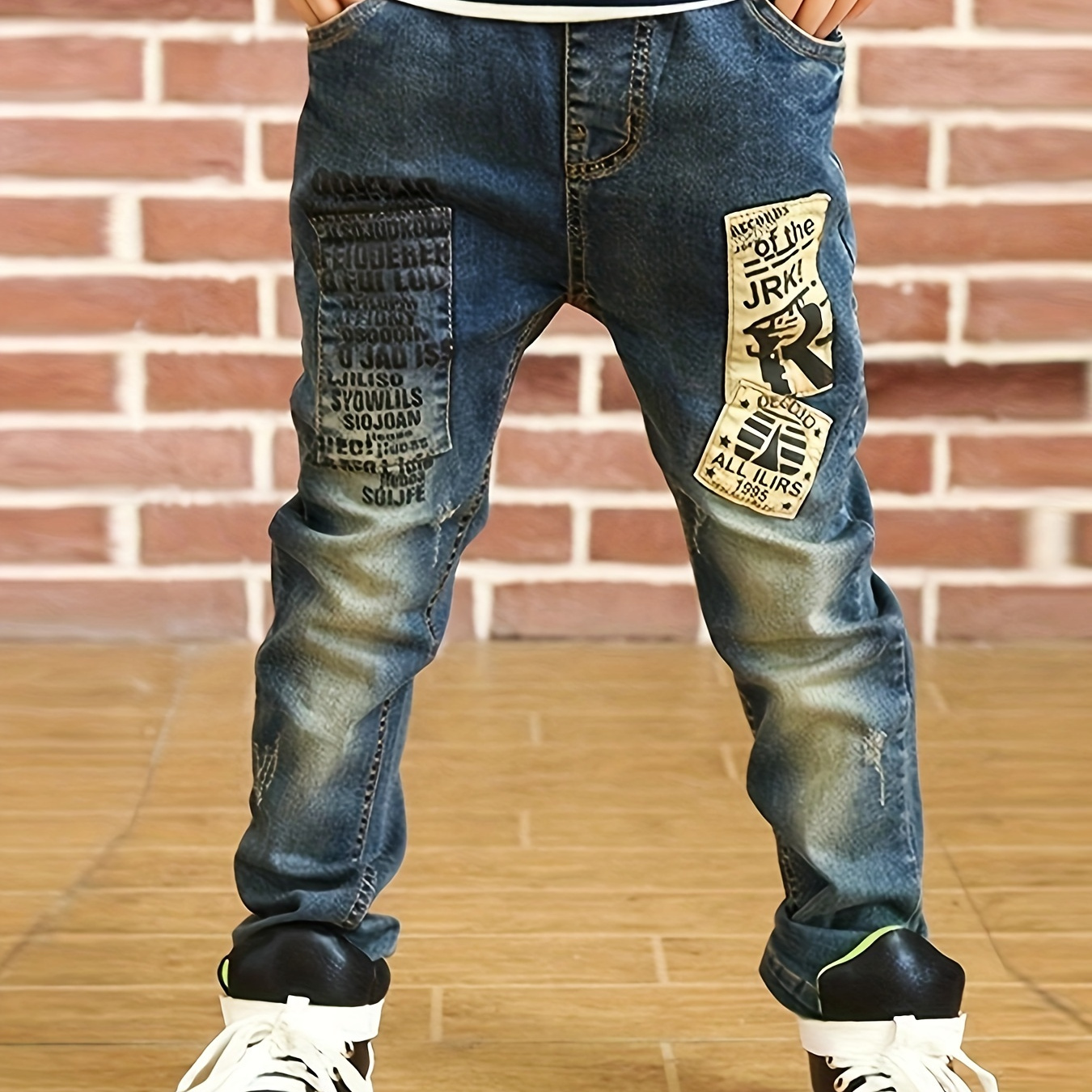 

Boys' Vintage-inspired Denim Jeans With Waistband - Rayon , Printed Design, Pockets Included - Spring/fall