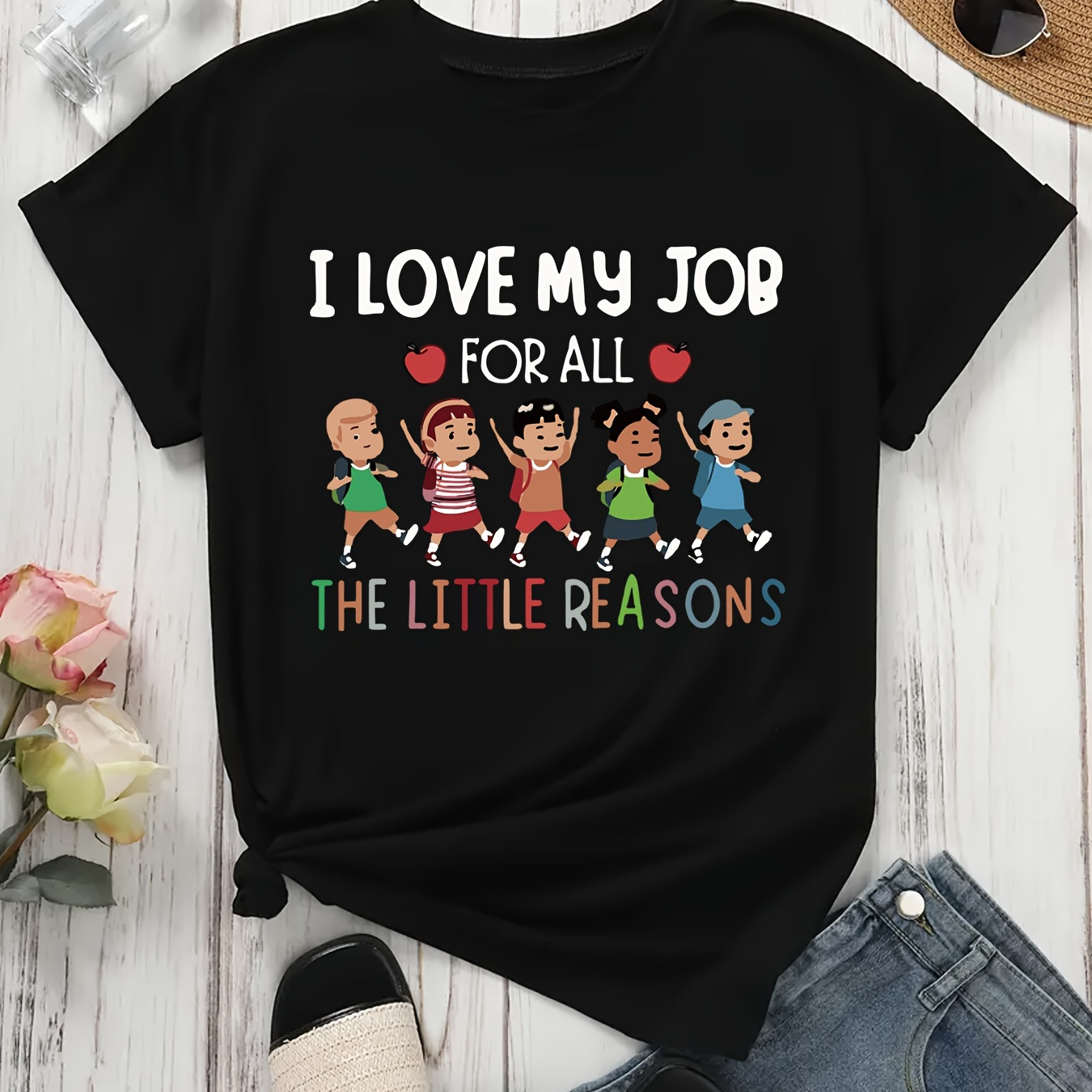 

Plus Size I Love My Job Print T-shirt, Casual Crew Neck Short Sleeve Top For Spring & Summer, Women's Plus Size Clothing