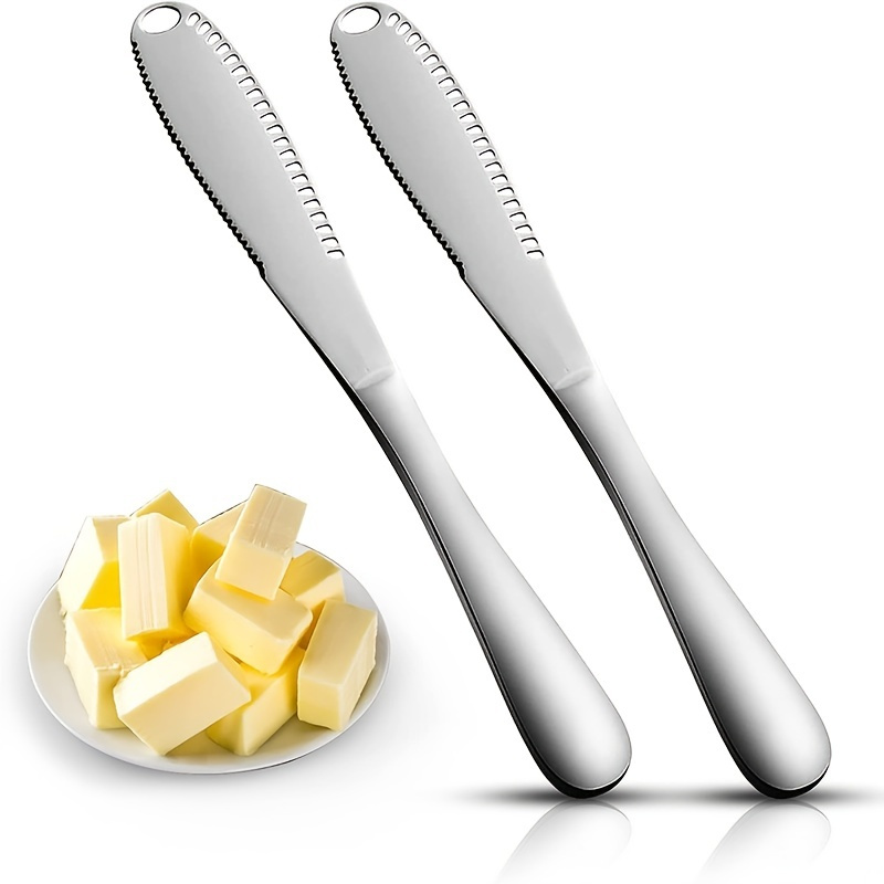 

2pcs Butter Spreader Knife With Serrated Edge, 3-in-1 Multi-function Butter Knife, Ultra-wide Professional Butter Knife For Cold Butter, Jam, Cheese And Jelly, Butter Spatula, Kitchen Supplies