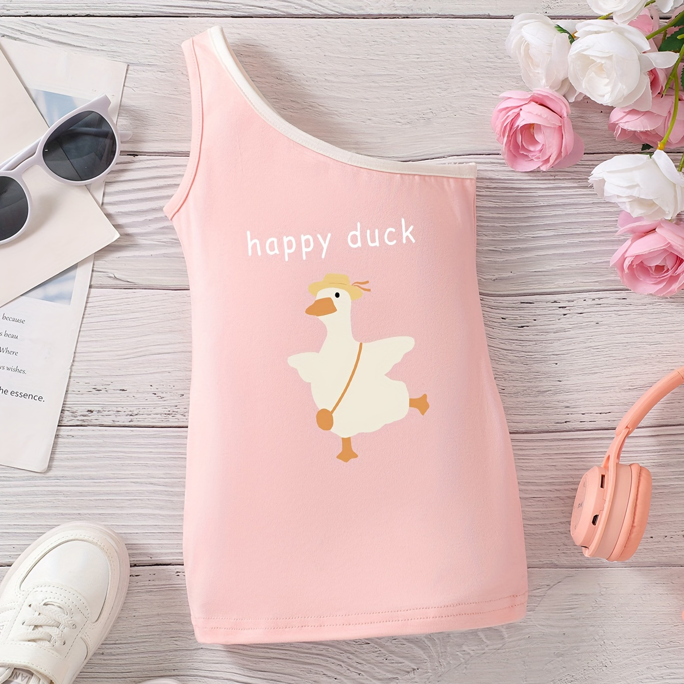 

Baby's "happy Duck" Print Casual One-shoulder Dress, Infant & Toddler Girl's Dress For Daily Wear/holiday/party, As Gift