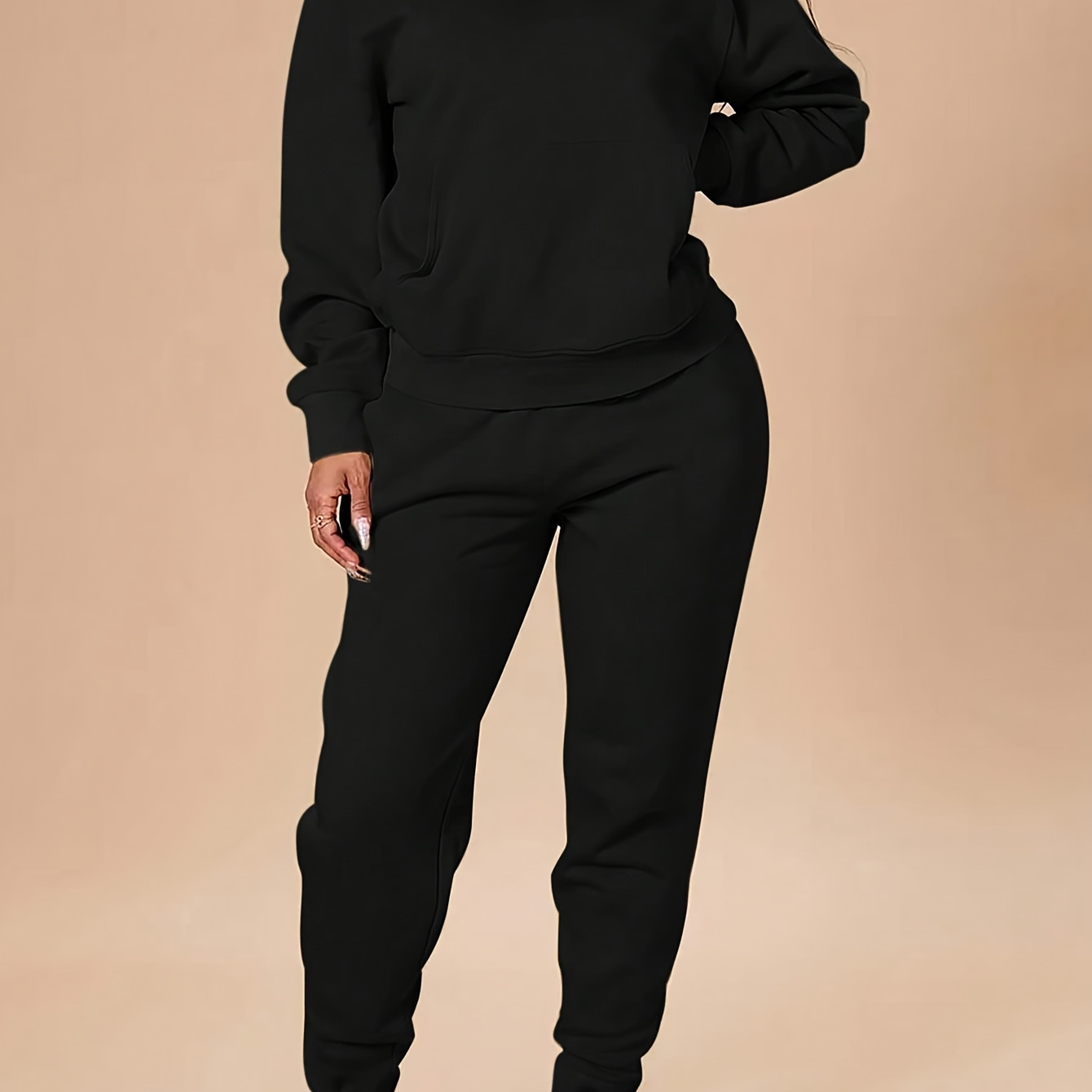 VUTRU Tweedelig trainingspak voor dames, elegant katoen, ronde hals, joggingpak, lange mouwen, T-shirts en brede broek met zakken, sportpak voor dames, Kaki, M