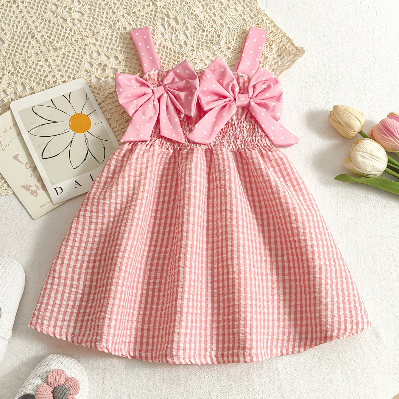 

Casual , Girls' Pink Gingham Check Dress With Bow Detail - Sleeveless Knit Polyester, Mid-length, Summer Casual , Cute Dress