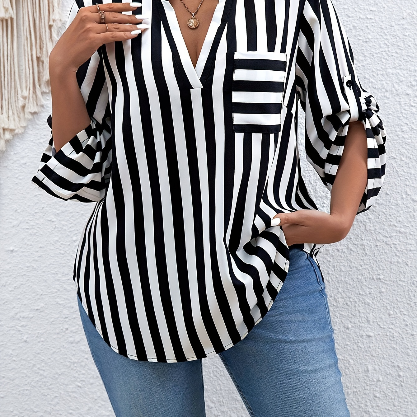 

Plus Size Striped Pocket Roll Up Sleeve Blouse, Elegant Notched Neck Curved Hem Blouse For Spring & Fall, Women's Plus Size Clothing