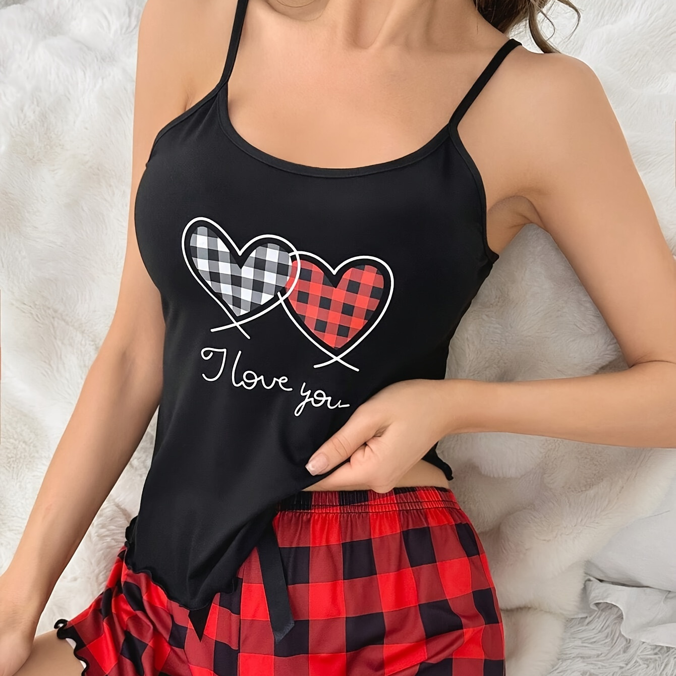 

Women's Plaid Heart & Slogan Print Frill Trim Casual Pajama Set, Round Neck Backless Cami Top & Shorts, Comfortable Relaxed Fit, Summer Nightwear