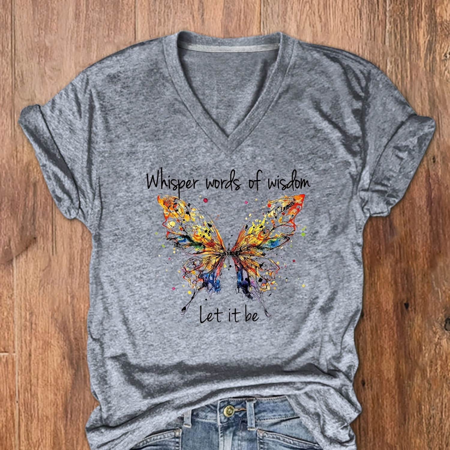 

Letter & Butterfly Print T-shirt, V Neck Short Sleeve T-shirt, Casual Every Day Tops, Women's Clothing