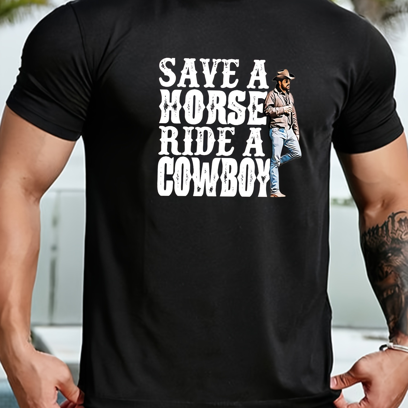 

Save Norse Ride A Cowboy Print, Men's Round Crew Neck Short Sleeve, Simple Style Tee Fashion Regular Fit T-shirt, Casual Comfy Top For Spring Summer Holiday Leisure Vacation Men's Clothing As Gift