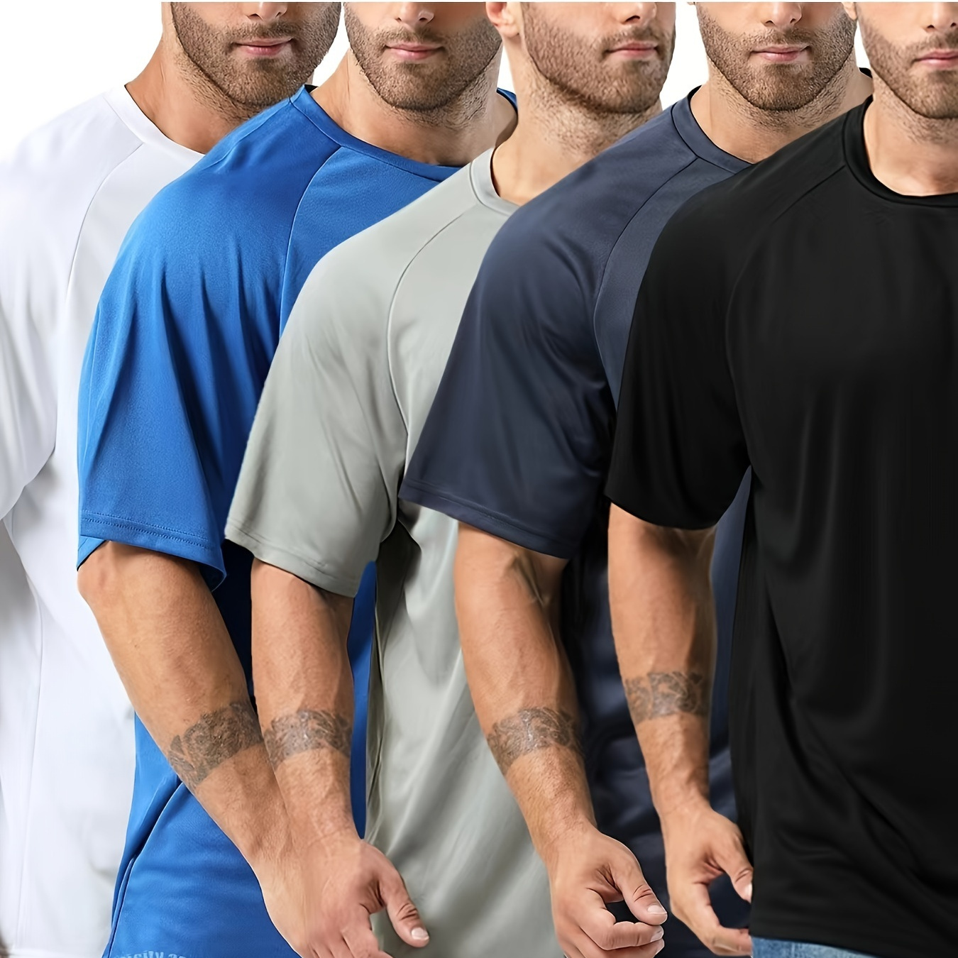 

5pcs Men's Plus Size Athletic T-shirts, Solid Color Sports Tees, Casual Workout Short Sleeve Tops, Breathable Active