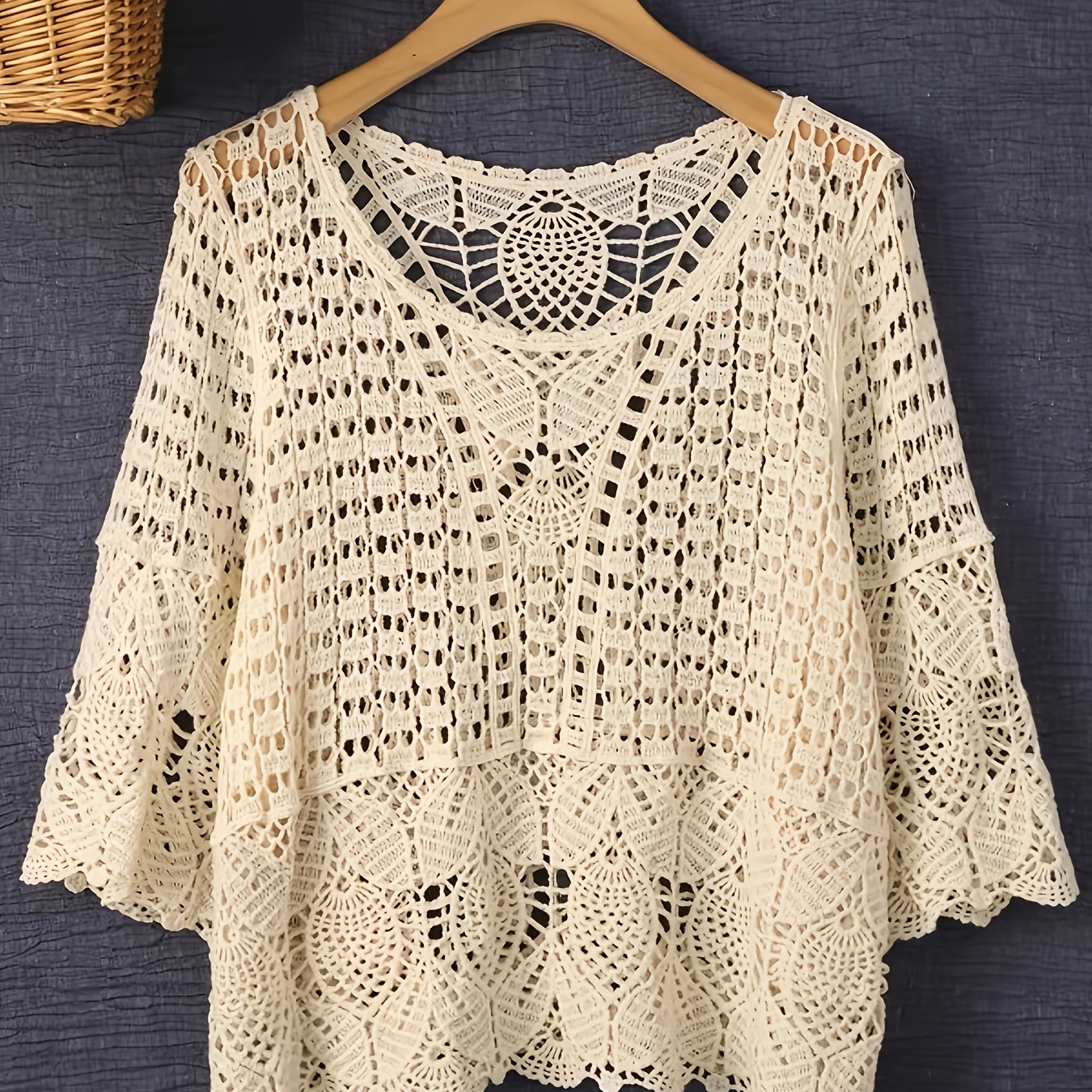 

Hollow Out Crochet Pullover Sweater, Casual 3/4 Sleeve Loose Coverup Top For Spring & Summer, Women's Clothing