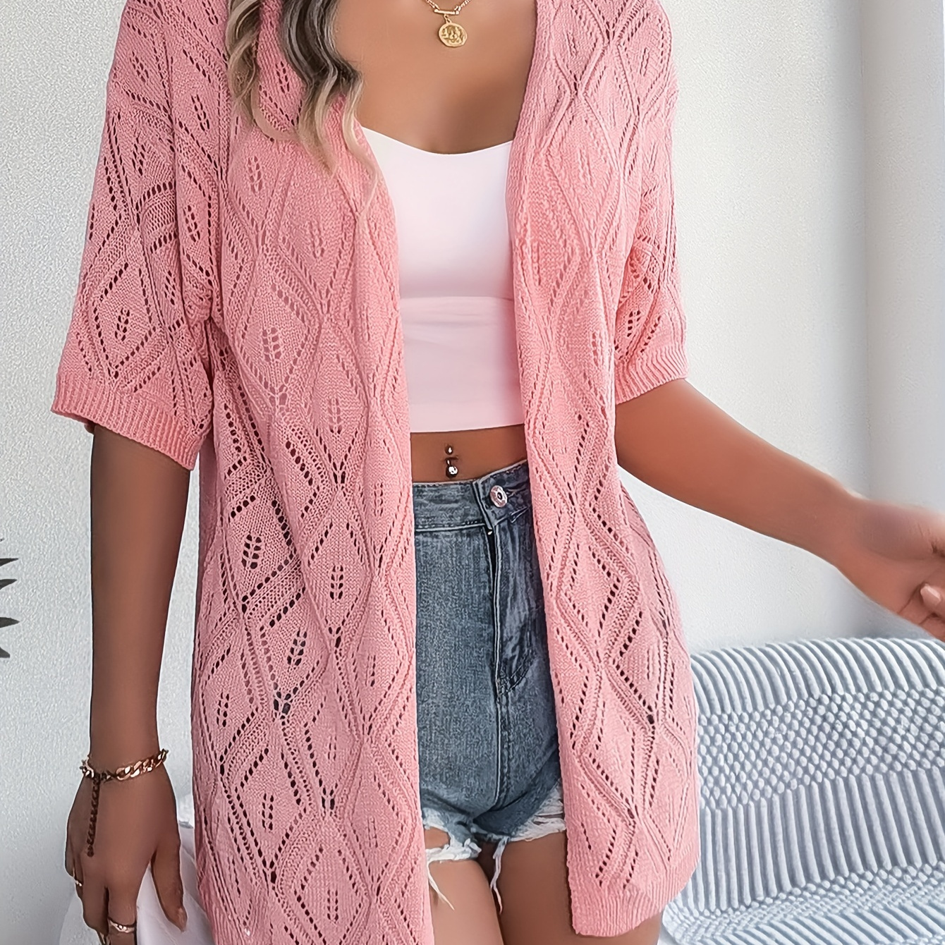 

Solid Color Open Front Cardigans, Elegant Collarless Cut Out Short Sleeve Knitted Cardigans Top For Spring & Summer, Women's Clothing