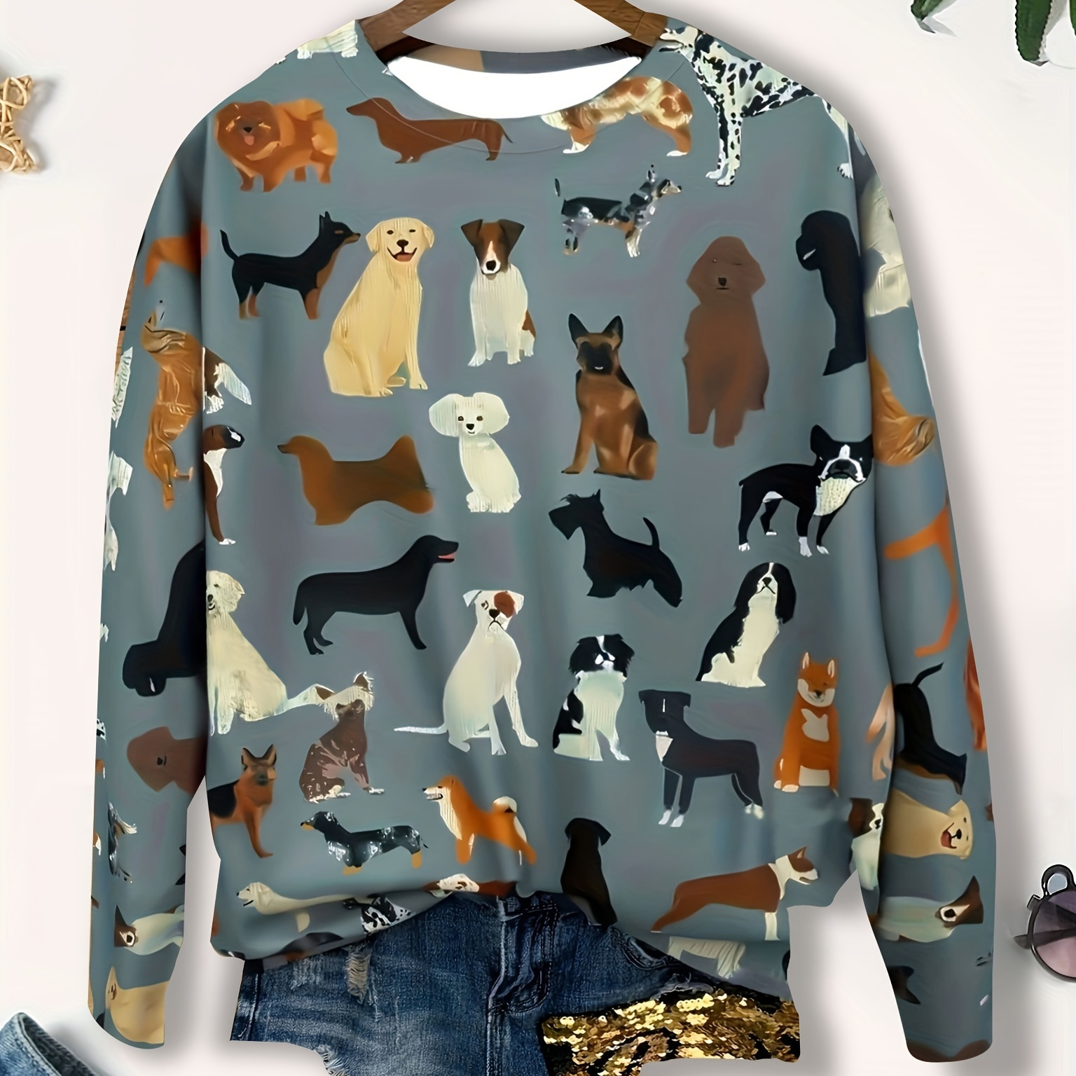 

Elegant Crew Neck Polyester Sweatshirt With All- Print - Knit Fabric Animal Pattern Fashion Top For All