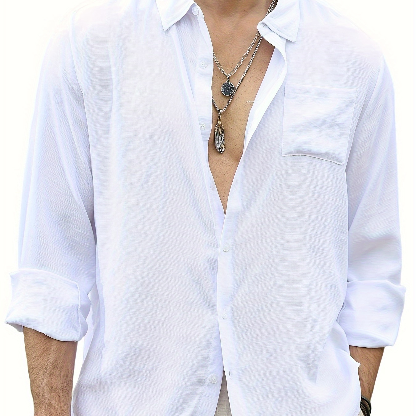 

Plus Size Men's Long Sleeve Casual Shirt, Solid Color Breathable Summer Beach Wear