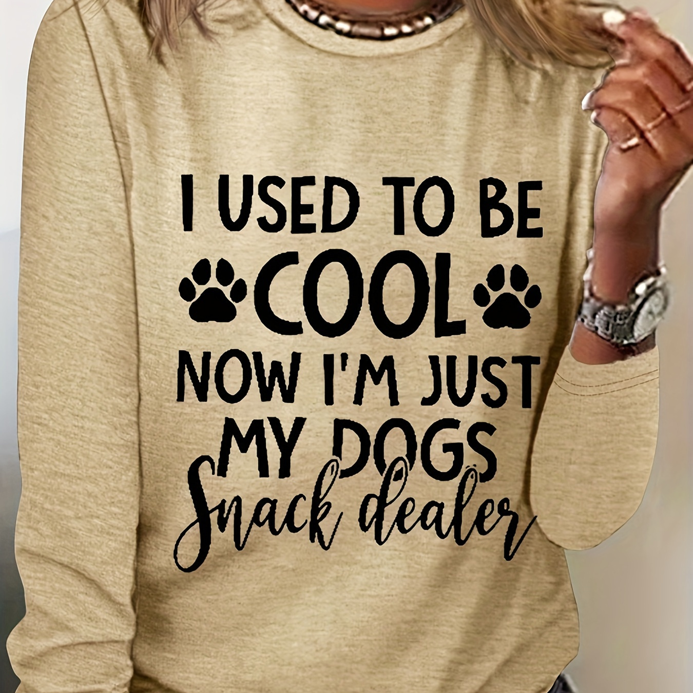 

Women's "i Used To Be I'm Dogs Snack " Long Sleeve T-shirt - Casual Crew Neck, Soft Gray, Rayon With Paw , Spring/fall, Dog Tee Shirts