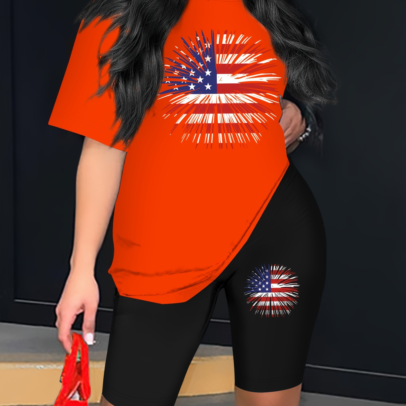 

American Flag Firework Print 2 Piece Set, Drop Shoulder Short Sleeve T-shirt & Short Leggings, Women's Clothing