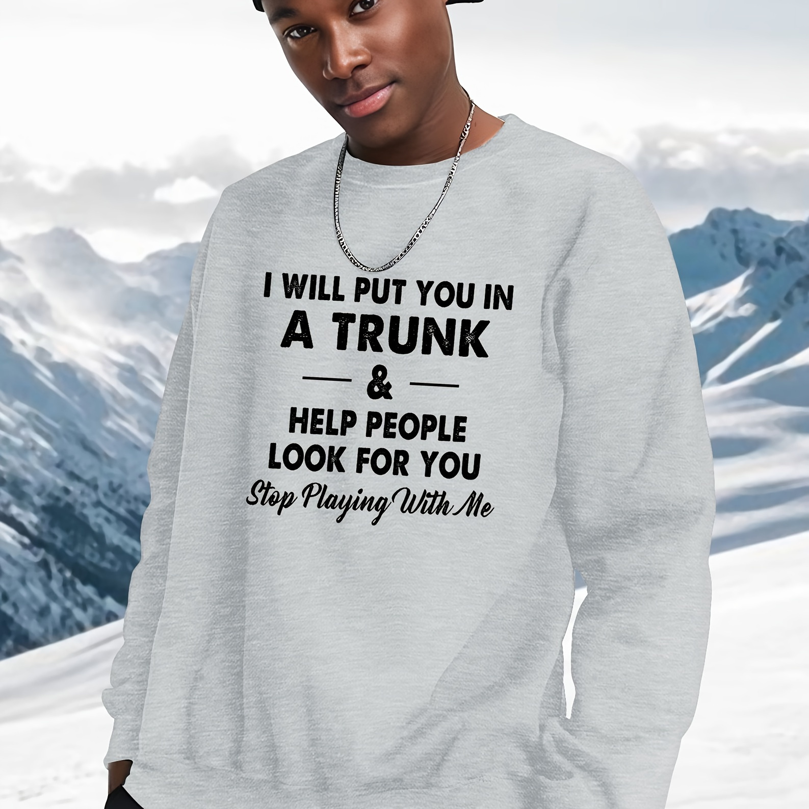 

''i Will Put You In A Trunk'' Print Men's Graphic Round Neck Sweatshirt, Loose Trendy Pullover, Men's Clothing For Autumn Winter