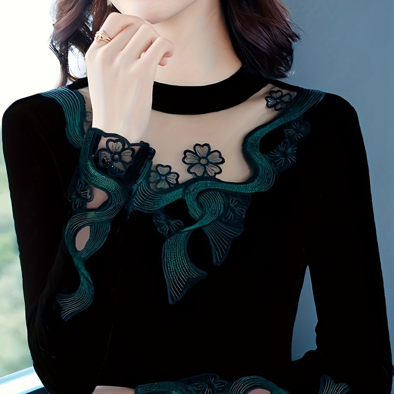 

Elegant High Neck Long Sleeve T-shirt, Polyester Knit Fabric, Solid Color With Lace Detail, Regular Length For All