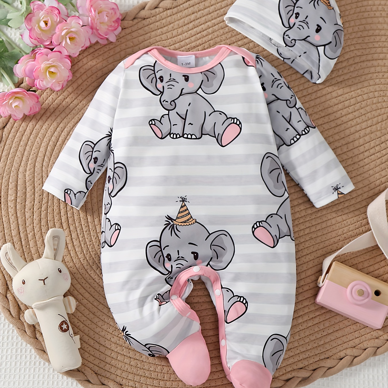 

Newborn Baby's Cartoon Elephant Stripe Pattern Long Sleeve Footie & Hat, Toddler & Infant Girl's Comfy Footed Romper For Spring Fall