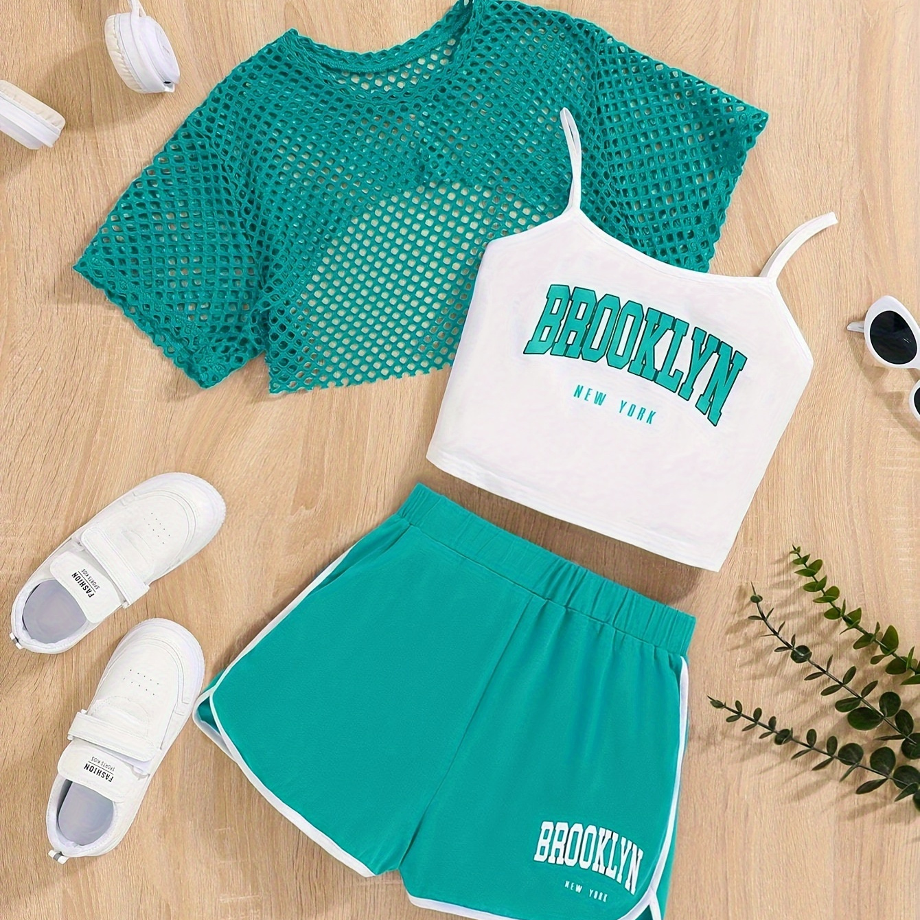 

Sporty Girl 3-piece Letter Camisole + Cover-up Mesh Top + Shorts Set Summer Outdoor