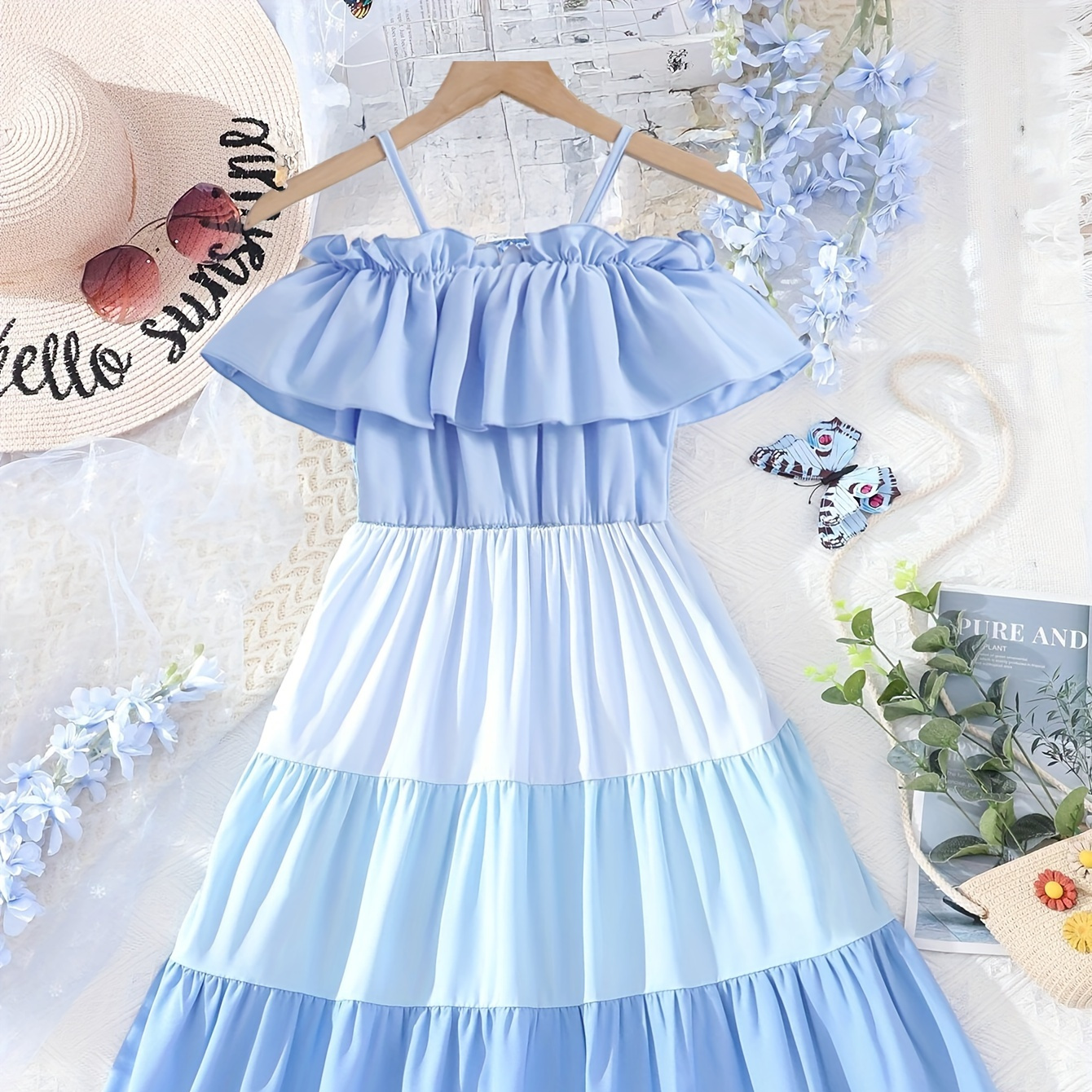 

Casual Color Matching Ruffle Trim Cami Dress, Elegant Girl's Dresses For Summer Holiday Party Gift