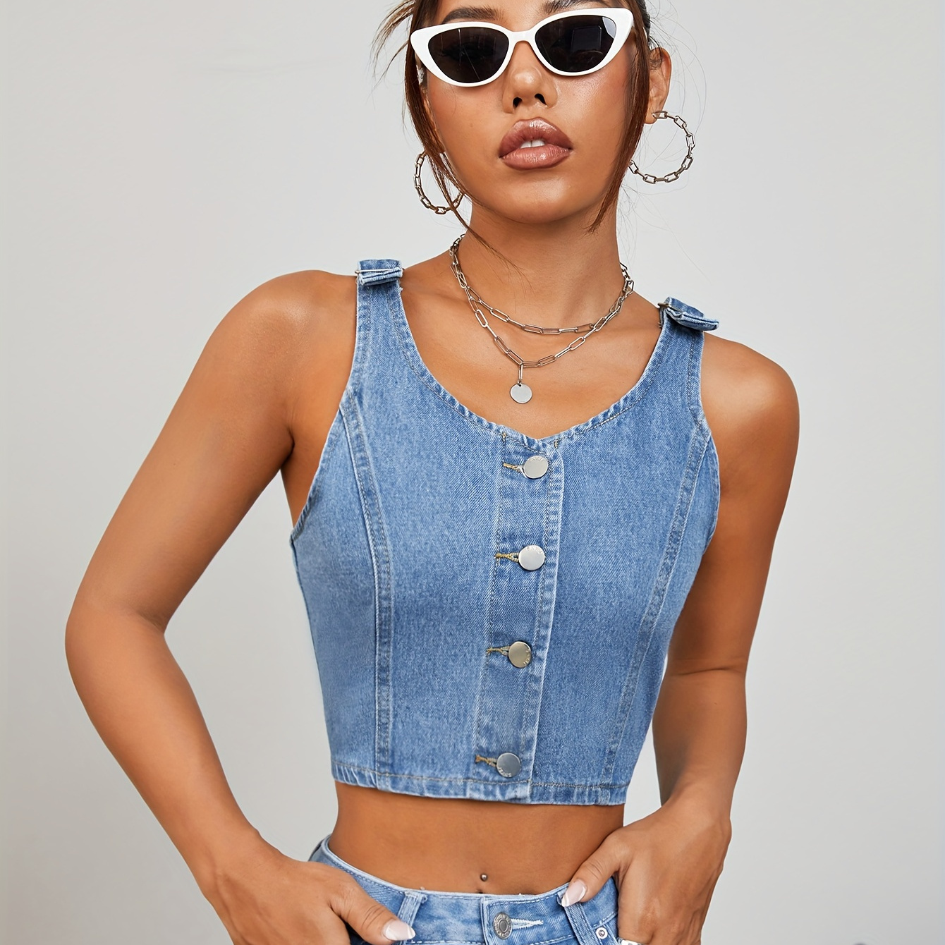 

Women's Fashion Sexy Denim Crop Top, Sleeveless Jean Vest With Front Single-breasted Detail, Casual Summer Streetwear