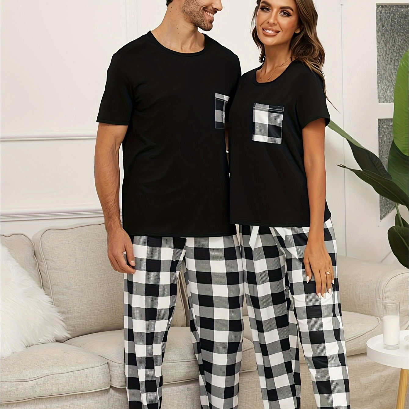 

Colorblock Print Pajama Set, Short Sleeve Round Neck Pocketed Tee & Pants, Women's Sleepwear