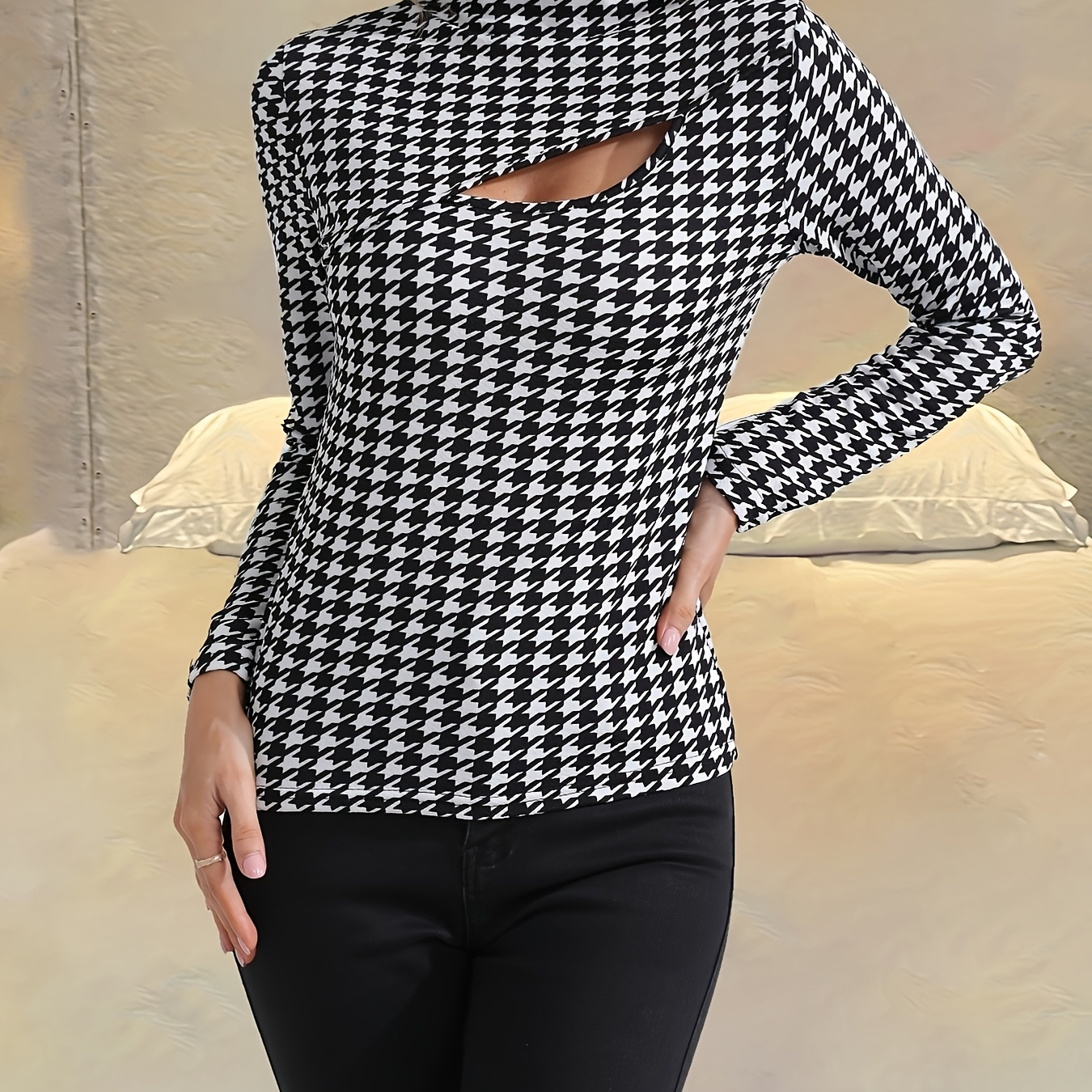 

Print Long Sleeve T-shirt, Stylish Cut Out Mock Neck Top For Spring & Fall, Women's Clothing