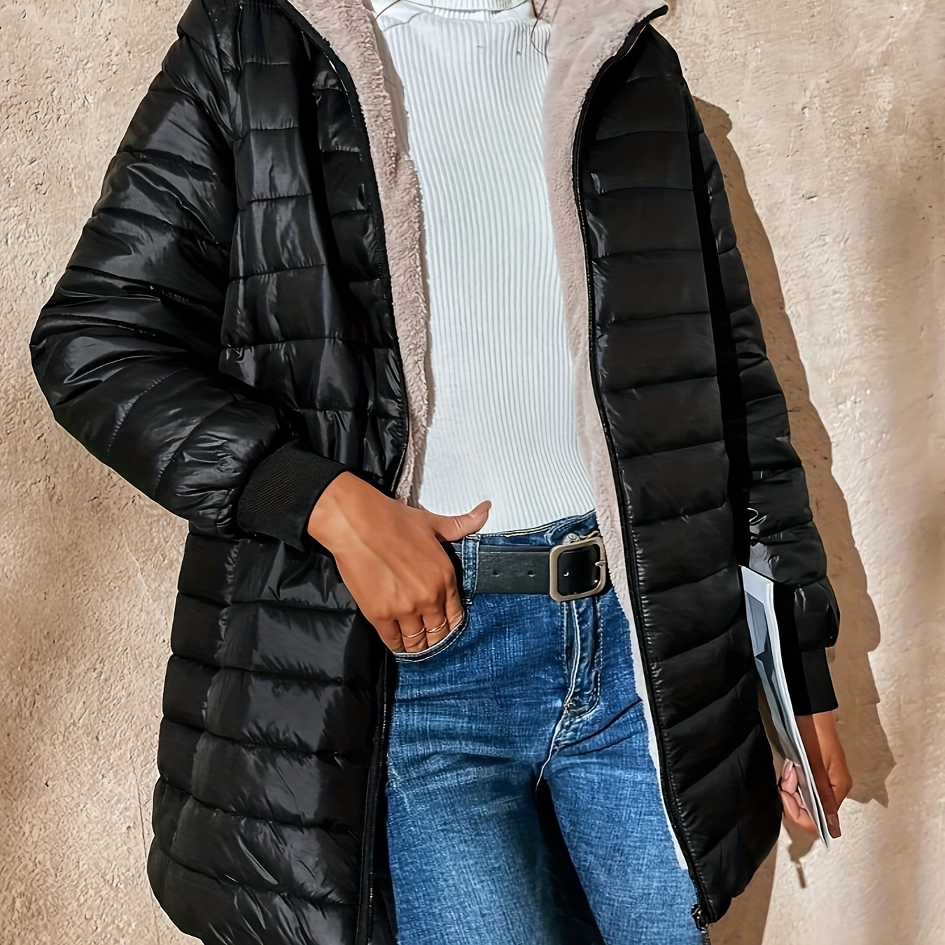 

[ Build] Women's Fleece-lined Hooded Jacket - Warm, Loose Fit, Zip-up Winter Coat With Pockets, Black Polyester, For Cold Weather, Winter Jacket