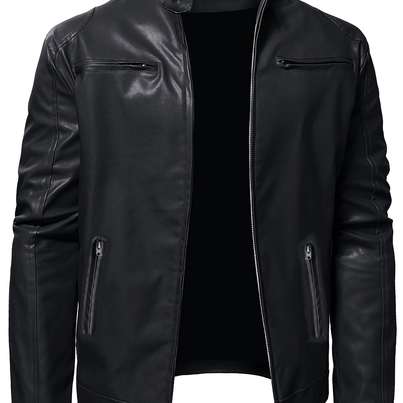 

Stand Collar Pu -leather Zip-up Motorcycle Jacket -regular Fit, Long Sleeve, Solid Color, Zipper Closure, Daily & Casual Wear For Spring/fall - Pu Lining, Non-stretch Fabric, Knit Construction