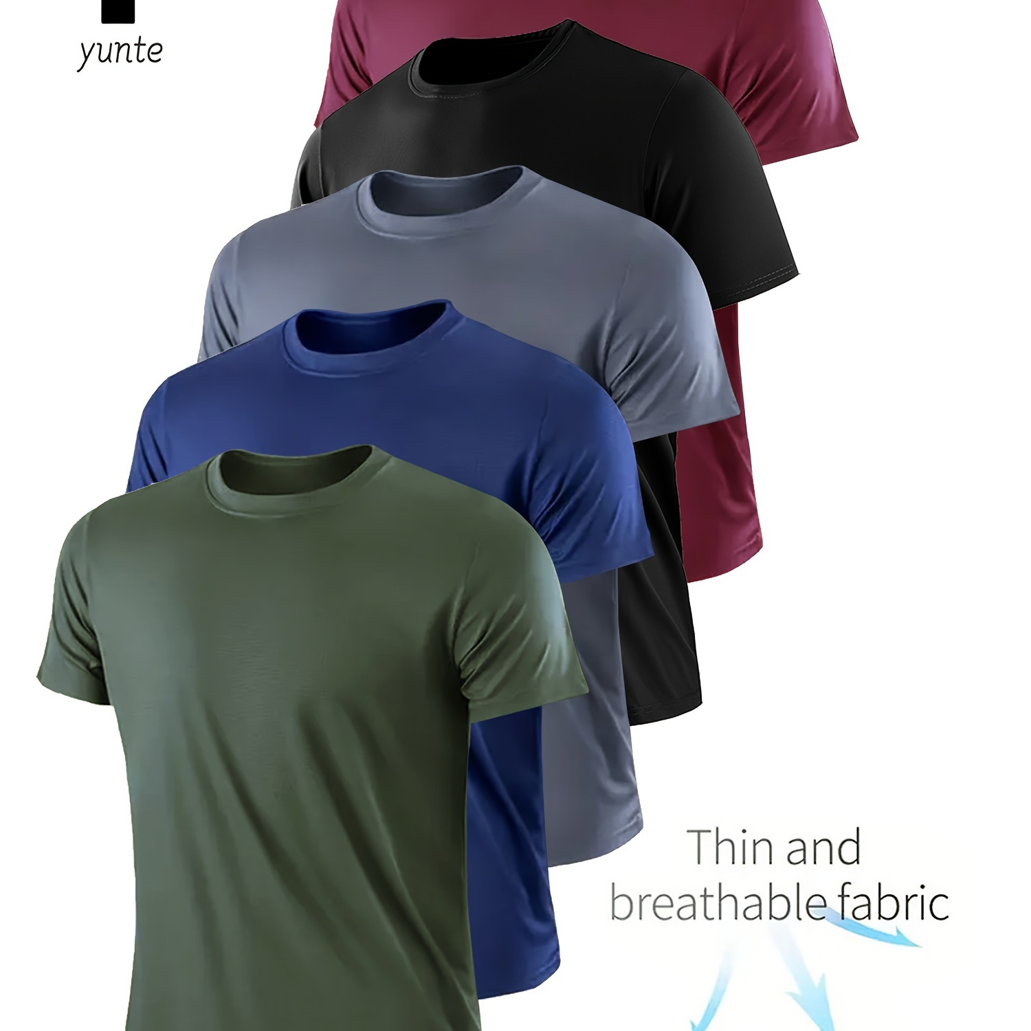 

5 t-shirts confortables pour hommes, couleur unie, manches courtes, respirant à séchage rapide, pour le sport et les loisirs.