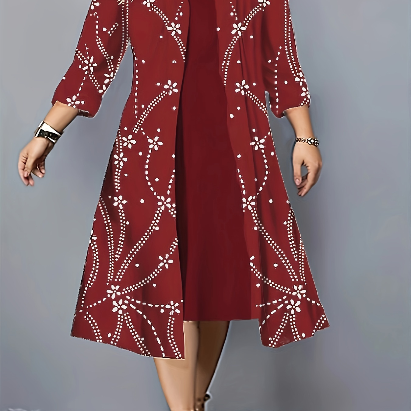 

Plus Size Elegant Longline Two-piece Set, Floral Print Long Sleeve Open Front Top & Solid Color Round Neck Sleeveless Dress Outfits, Women's Plus Size Clothing