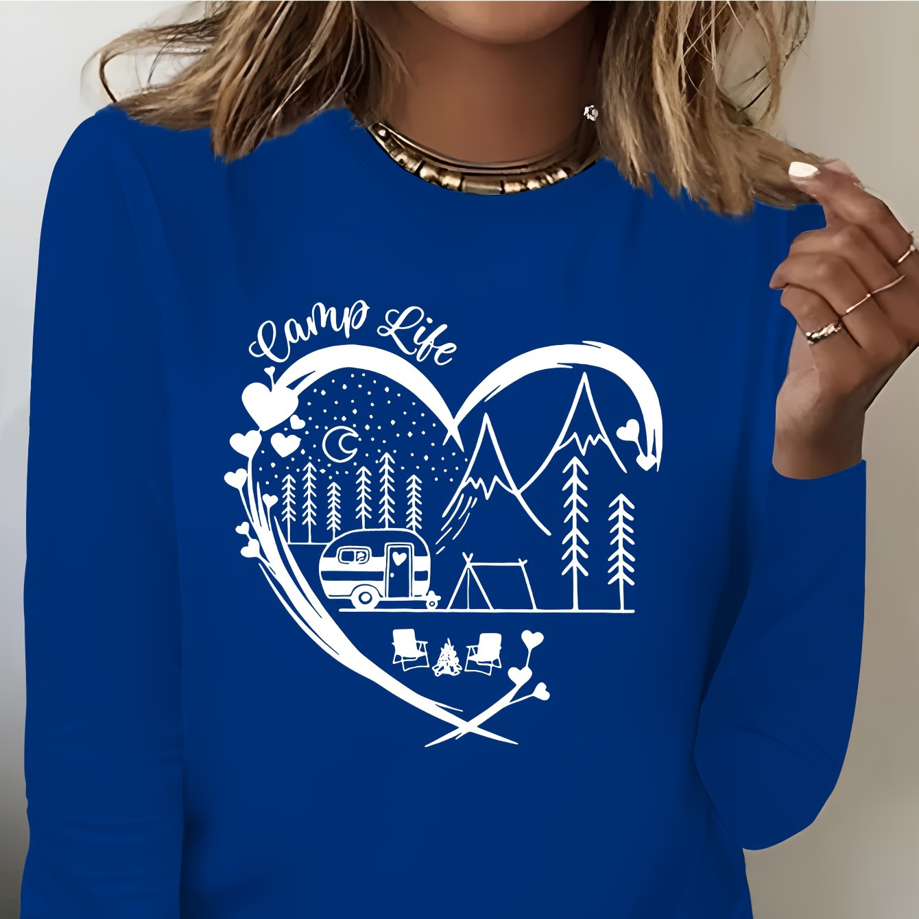 

Camping Life Print T-shirt, Long Sleeve Crew Neck Casual Top For Spring & Fall, Women's Clothing