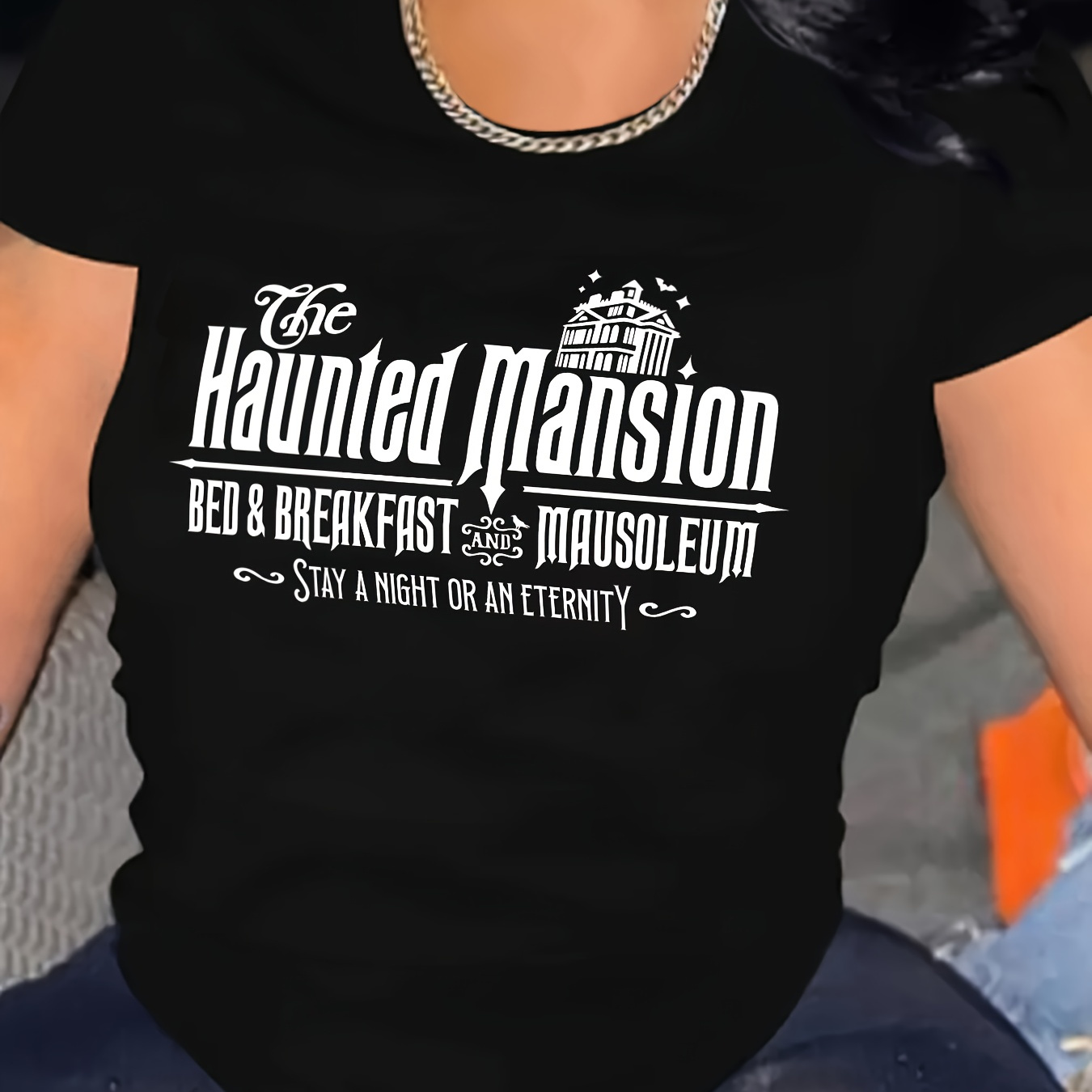 

Plus Size Haunted Mansion Graphic T-shirt - Casual Crew Neck, 100% Polyester, Medium Stretch Knit Fabric, Alphabet Pattern, Summer Essential Tee With No Details