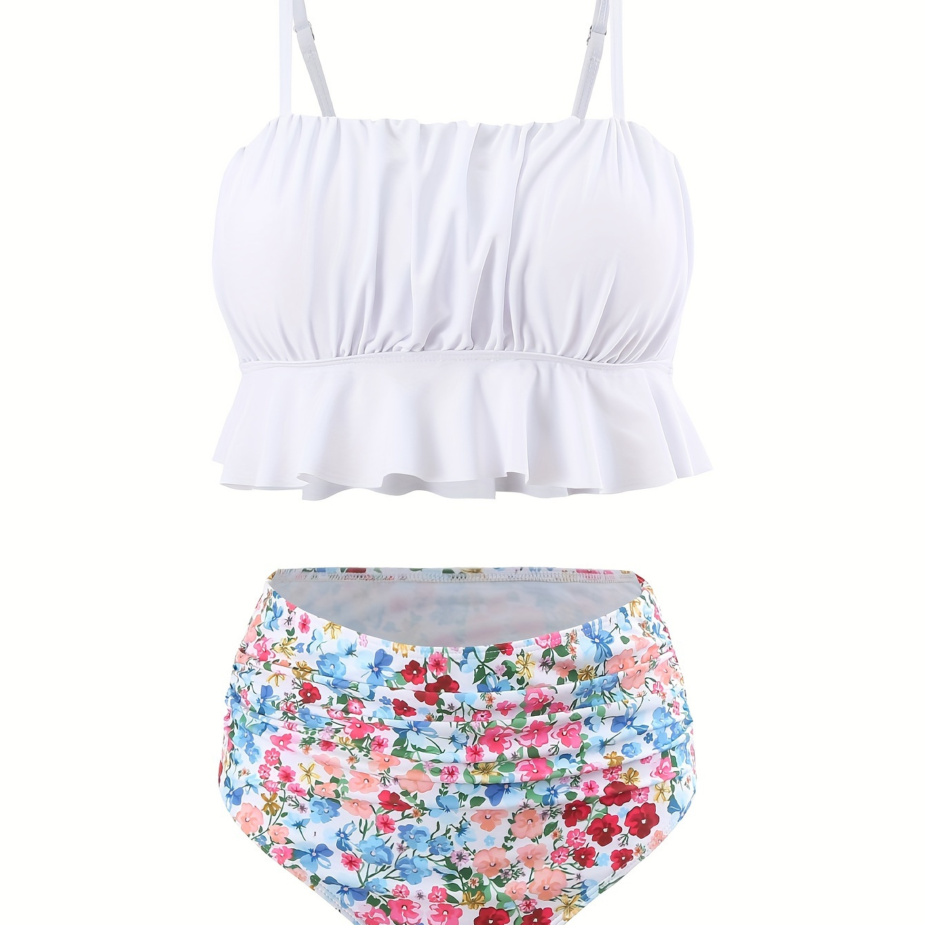 

Floral Pattern 2 Piece Set Bikini, Ruffle Hem Ruched High Waist Swimsuits, Women's Swimwear & Clothing