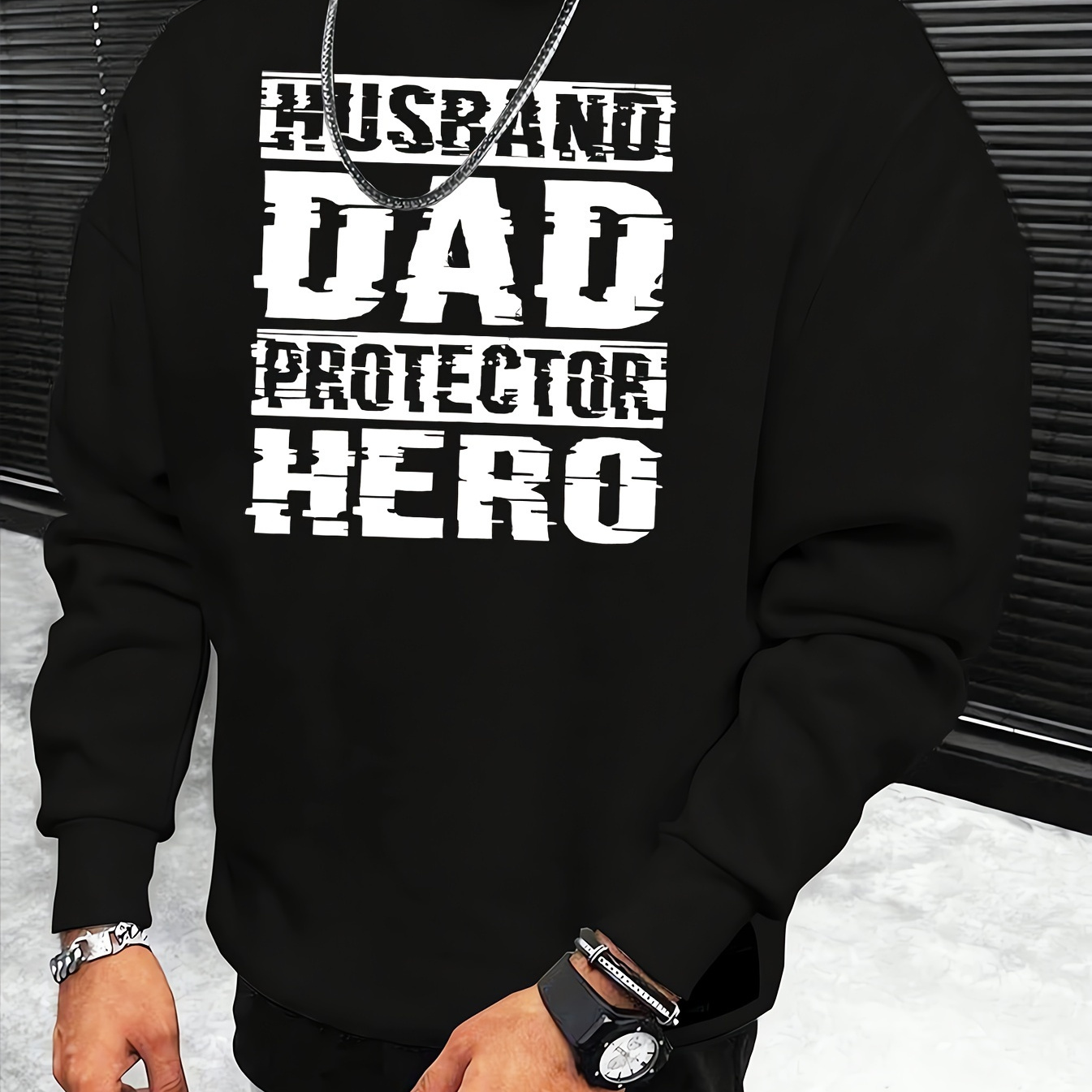 

Husband Dad Protector Hero Print, Sweatshirt With Long Sleeves, Men's Casual Creative Graphic Crew Neck Pullover Tops For Spring Fall And Winter