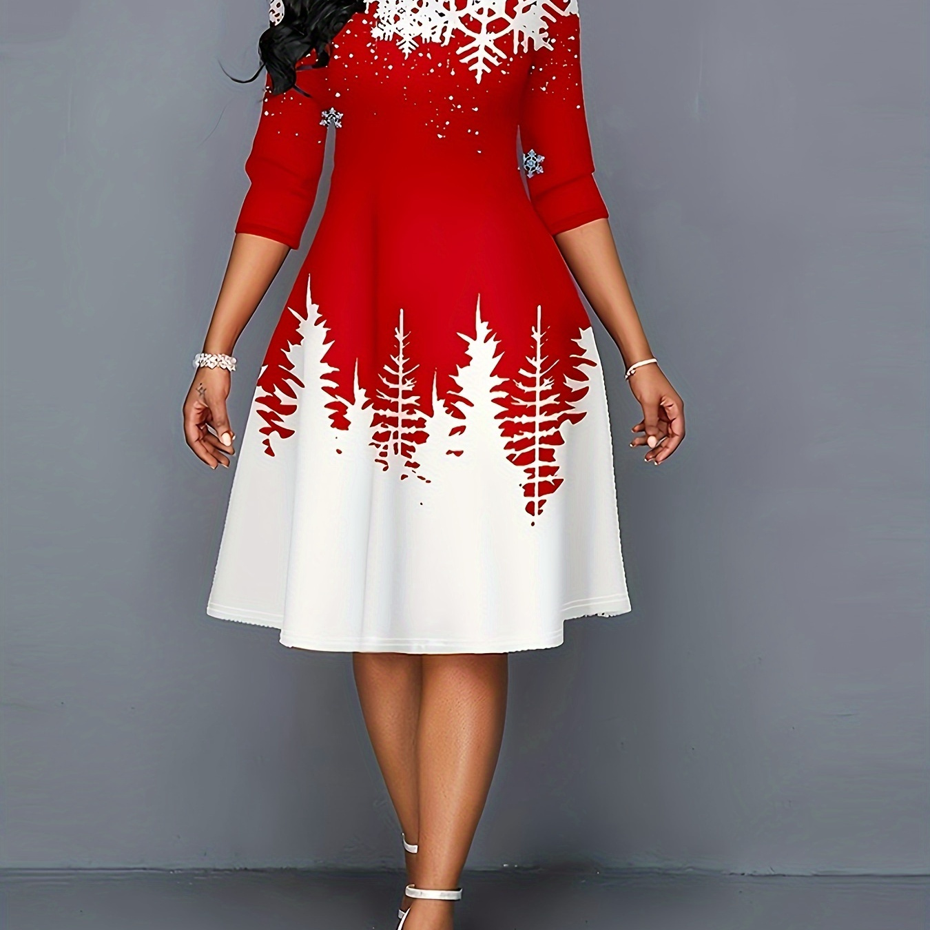 

Plus Size Christmas Dress, Women's Plus Snowflake & Christmas Tree Print Long Sleeve Round Neck A-line Knee Length Dress
