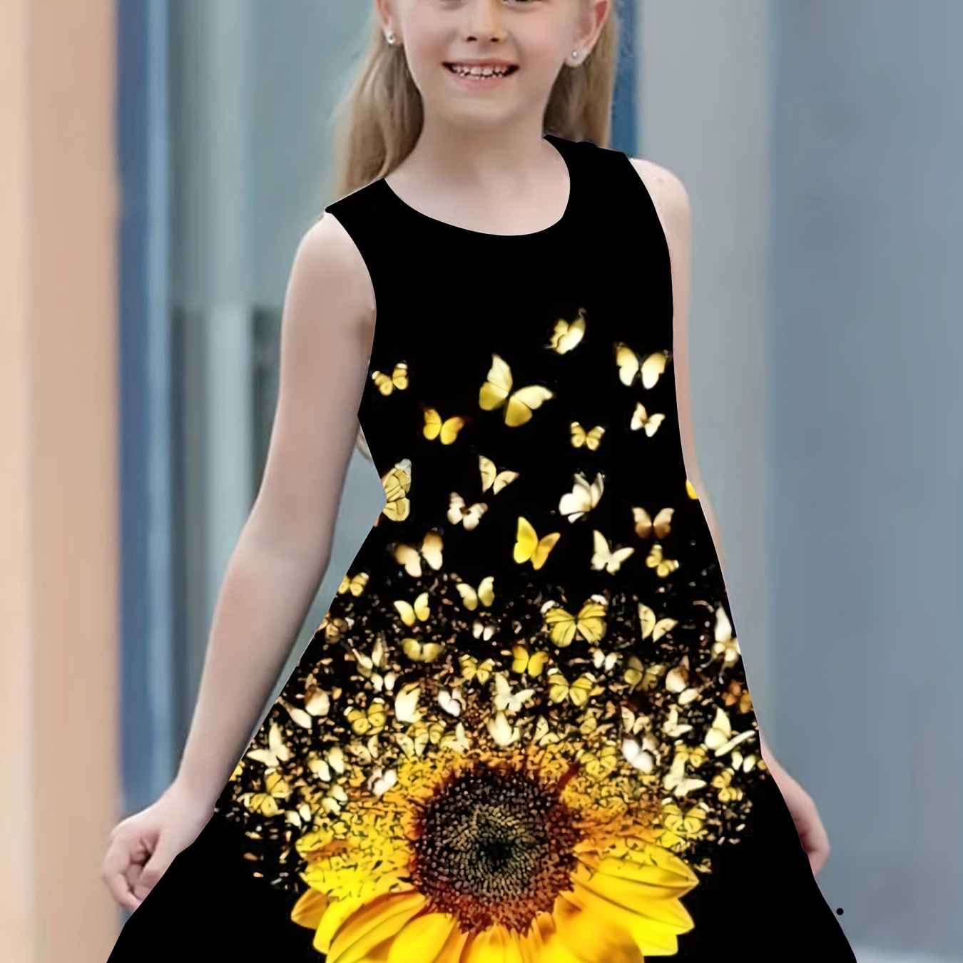 

Black Round Neck Sunflower And Butterfly Print Girls Dress, Summer Casual And Comfy Girls Dress