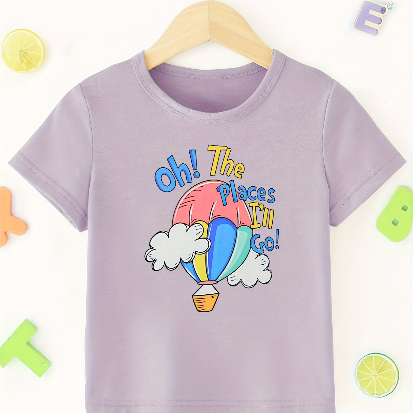 

Casual Trendy Girls Summer Top - Hot Balloon Graphic & Oh The Places I'll Go Print Short Sleeve Crew Neck T-shirt - Soft And Comfy Daily Tee Tops Gift