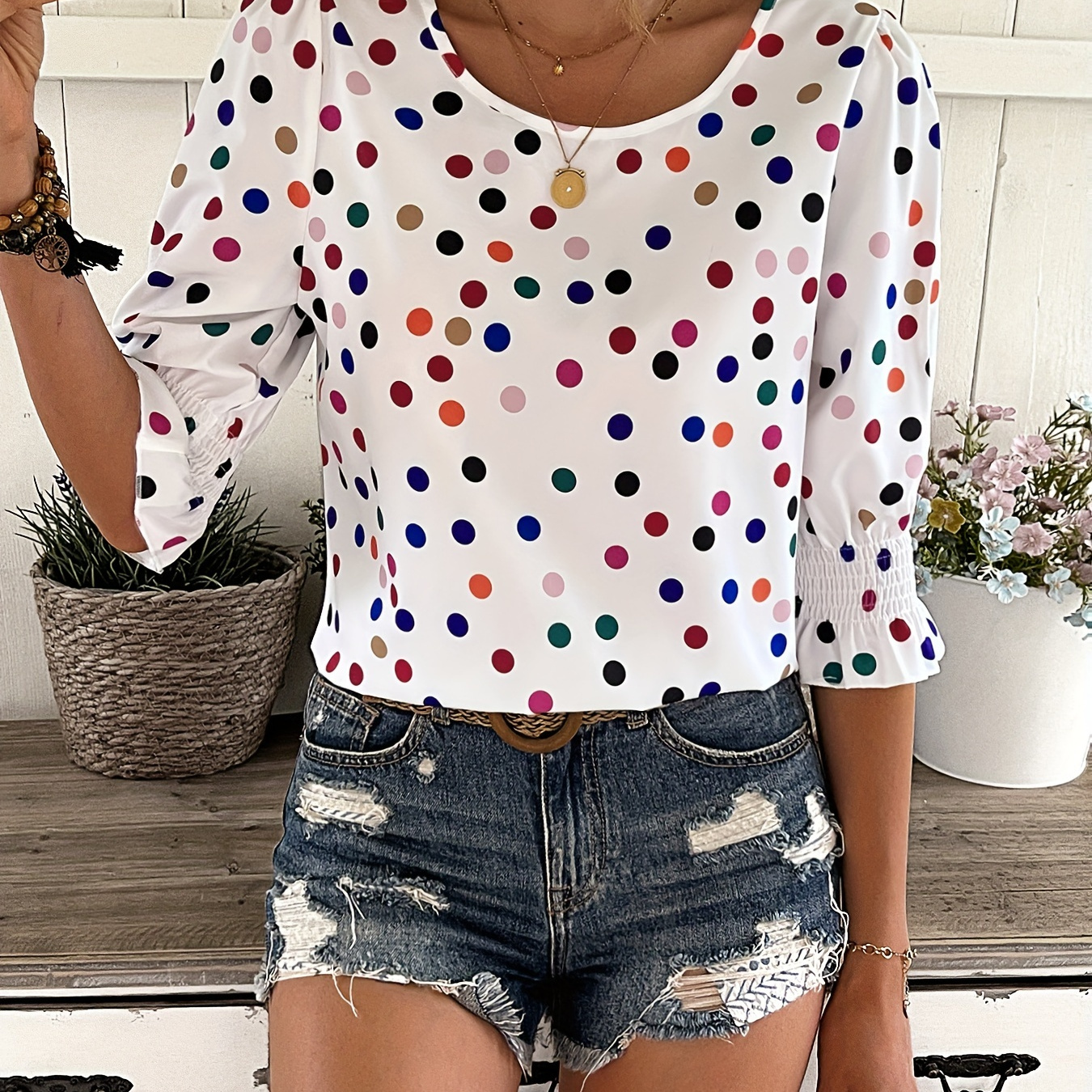 

Colorful Polka Dot Shirred Half Sleeve Blouse, Elegant Crew Neck Blouse For Spring & Summer, Women's Clothing