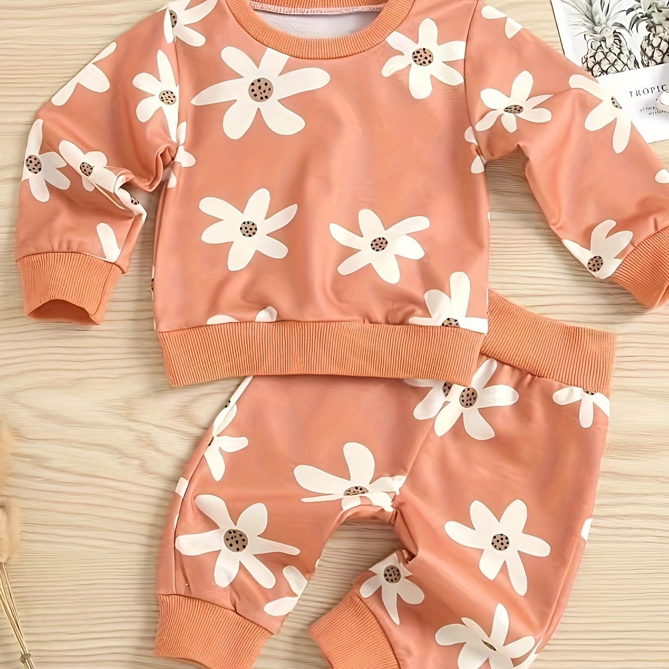 

Toddler Chrysanthemum Print Ribbed Cuff Long Sleeve Top Pants Set, Baby's Casual Outfits