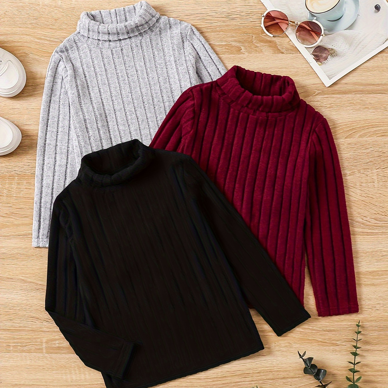 

Girls 3pcs/set Versatile & Casual Long Sleeve Solid Colored Turtle Neck Rib-knit Pullovers For Fall & Winter