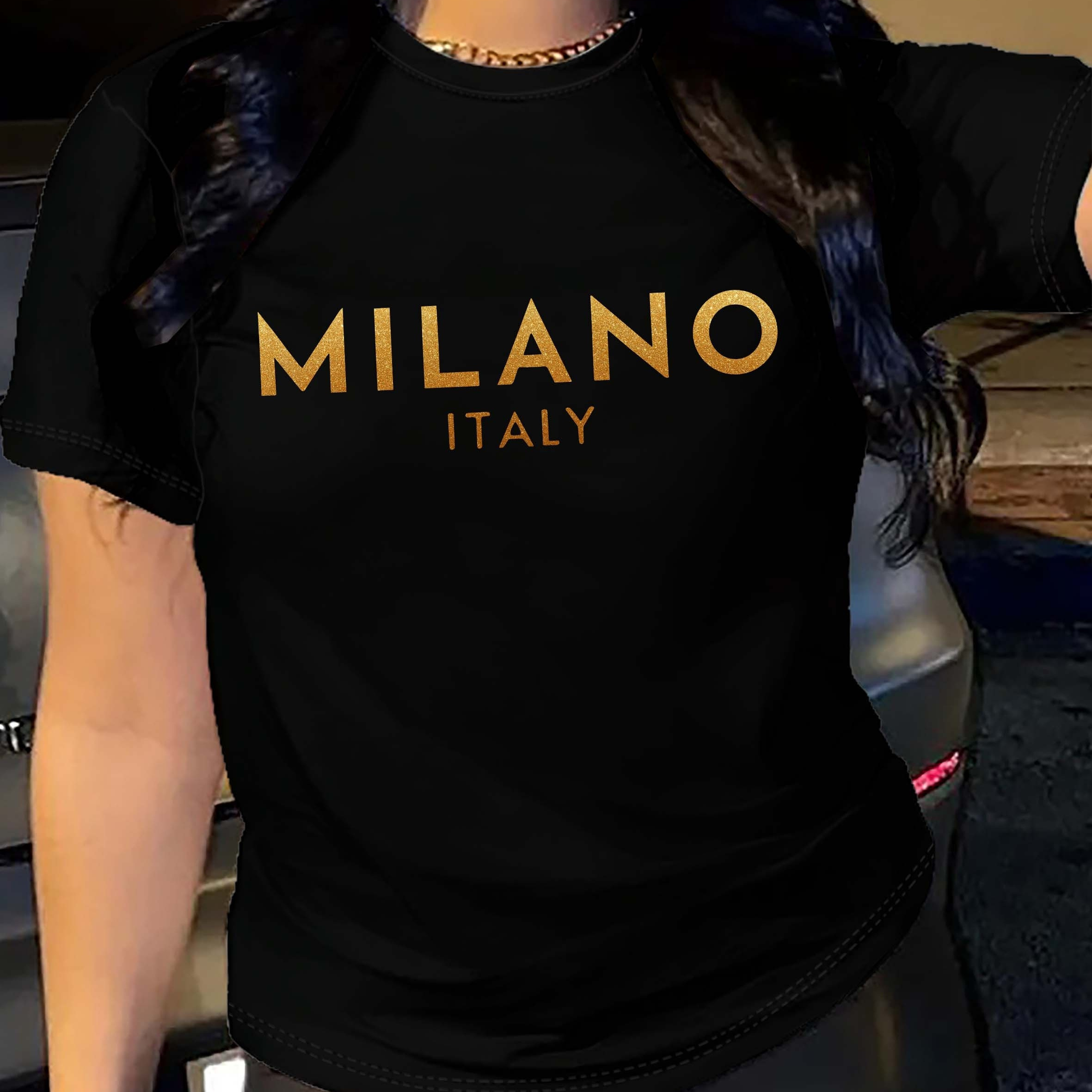 

Milano Letter Print Crew Neck T-shirt, Casual Short Sleeve T-shirt For Spring & Summer, Women's Clothing