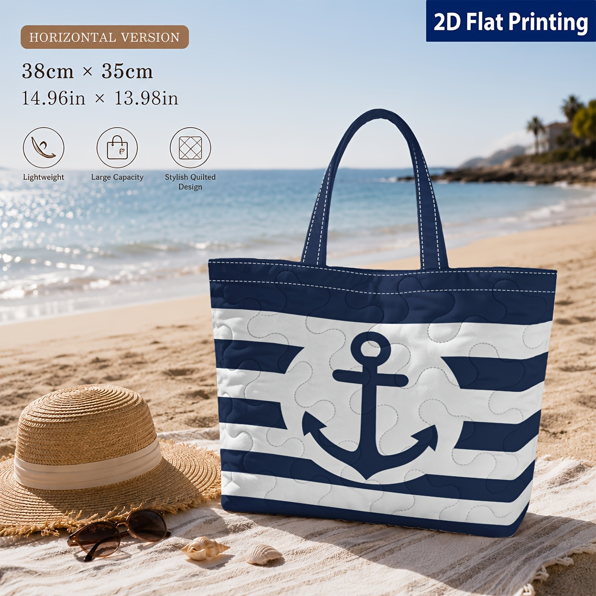 TEMU 1pc, Blue And White Striped Anchor Pattern, Genuine Quilted Printed Tote Bag, Women's Fashionable And Trendy Large Capacity Lightweight Handbag
