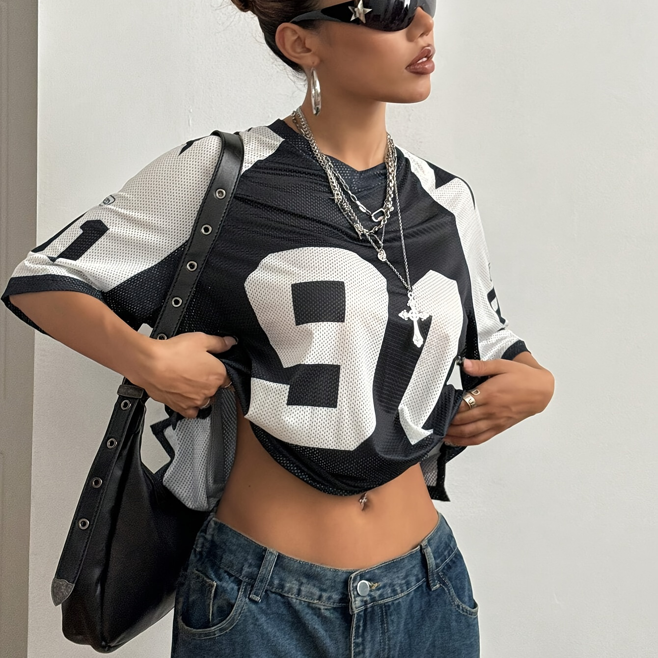 

Y2k Breathable Mesh Color-block Loose T-shirt, Spring And Summer Pattern Women's Top