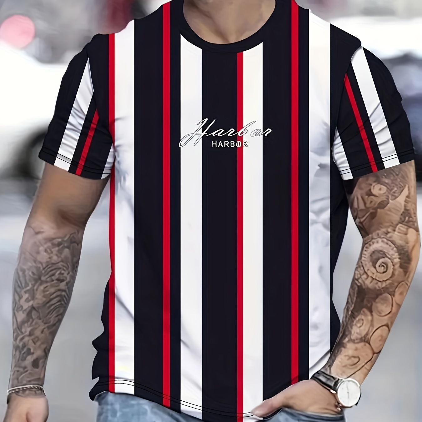

Stripe Pattern Print Crew Neck Short Sleeve T-shirt For Men, Casual Summer T-shirt For Daily Wear And Vacation Resorts