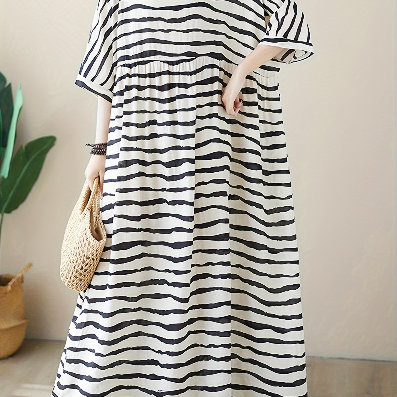 

Casual Striped Linen-cotton Blend Dress - Crew Neck, Half Sleeve, Maxi Length, Loose Fit Trapeze Hem Spring/summer/fall Women's Fashion