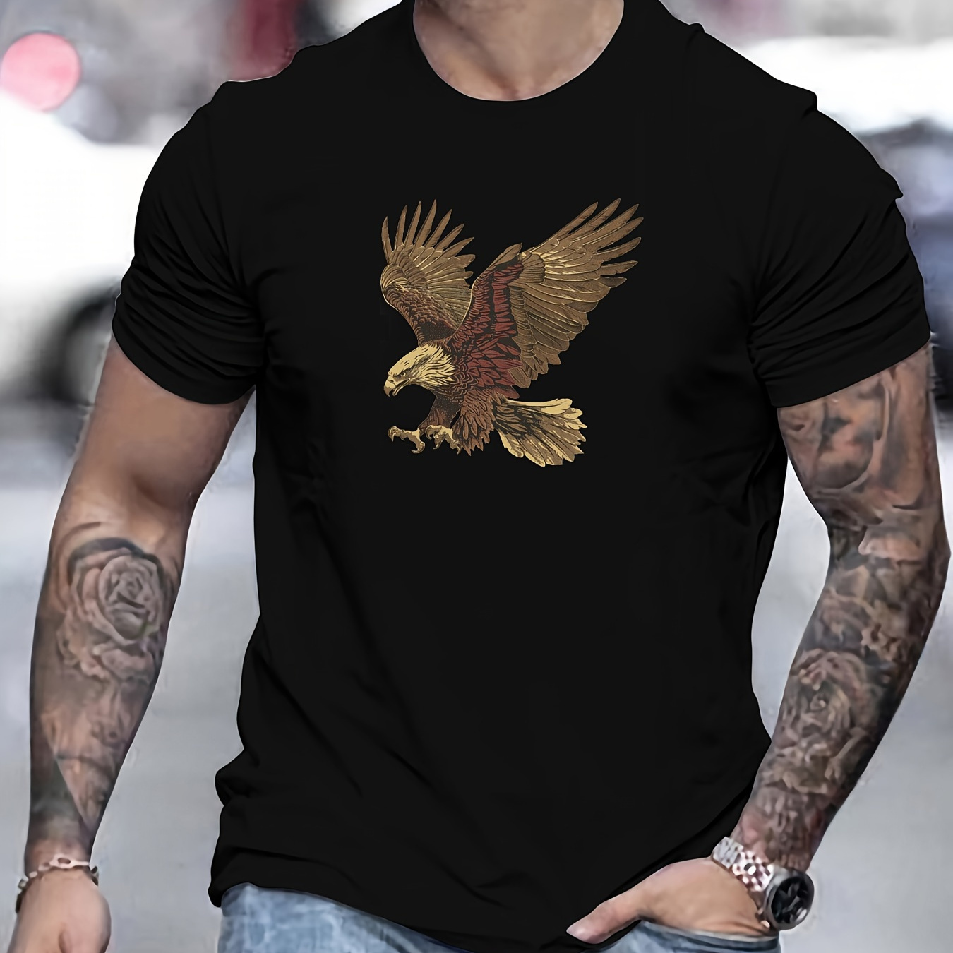 

Men's Summer Casual Crew Neck T-shirt With Bird Emblem, 100% Cotton Knit Fabric, Basic Solid Color Tee With Slight Stretch, Regular Fit Short Sleeve Top For Adults